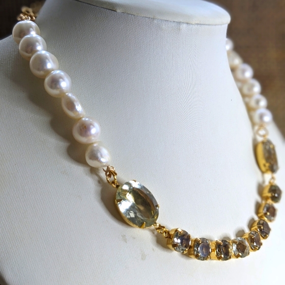 Natural Genuine Prasiolite/ Green Amethyst & Cultured Baroque Pearl Necklace - Picture 3 of 8